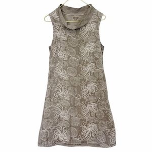 LINA TOMEII Taupe Italian Linen Embroidered Mock Neck Sleeveless Mini Dress